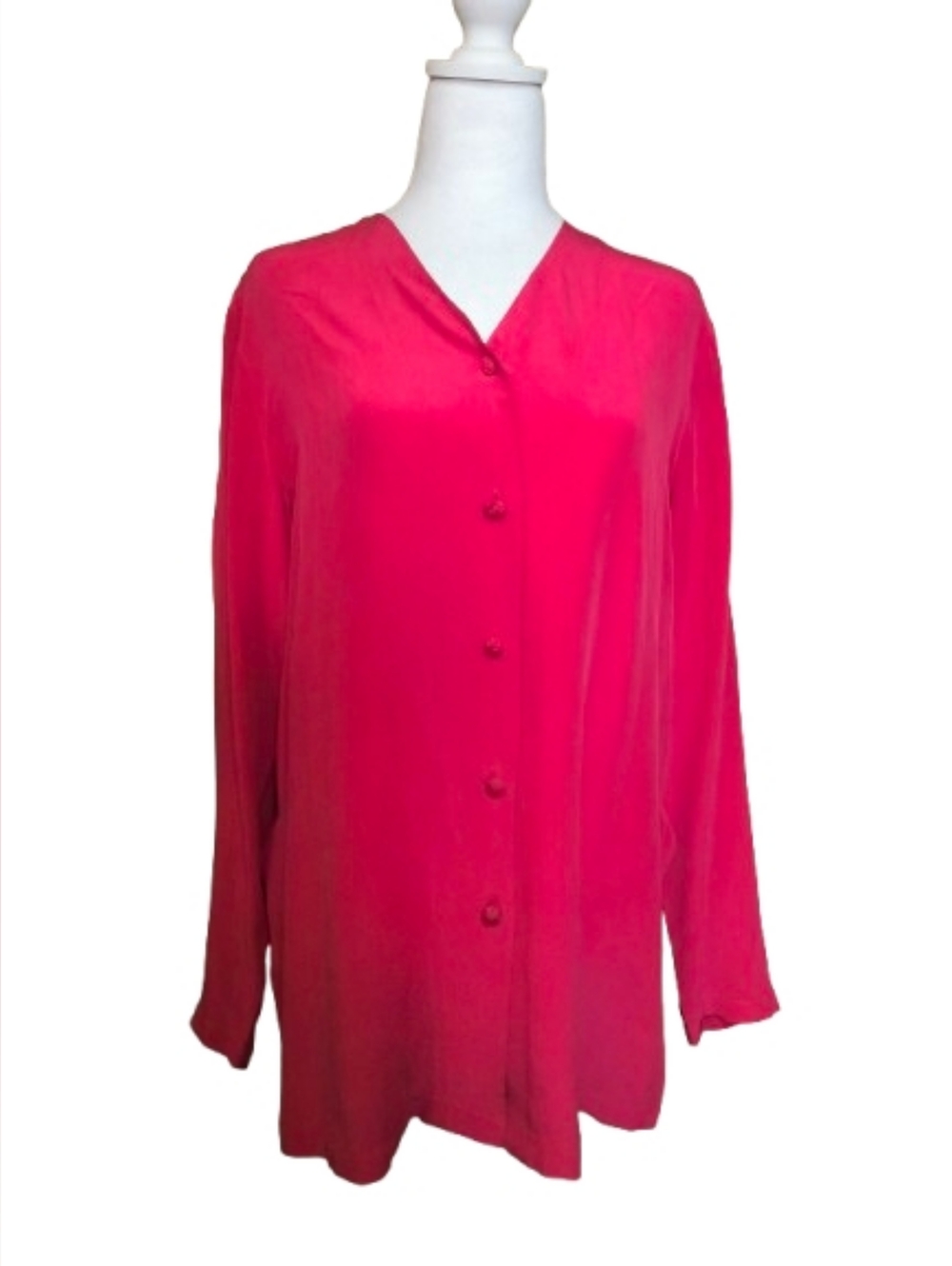 Red Silk Blouse Rosebud Buttons 100% Silk M Minimalist Romantic Y2K Top Womens